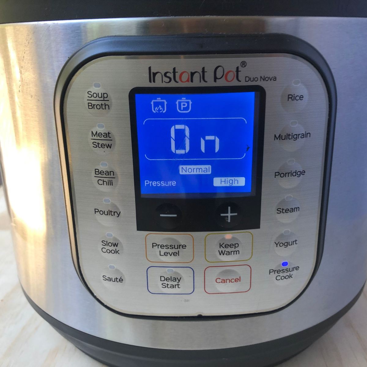 instant pot with "on" message on display panel