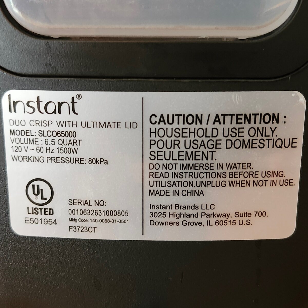 Instant Pot manufacturer label 
