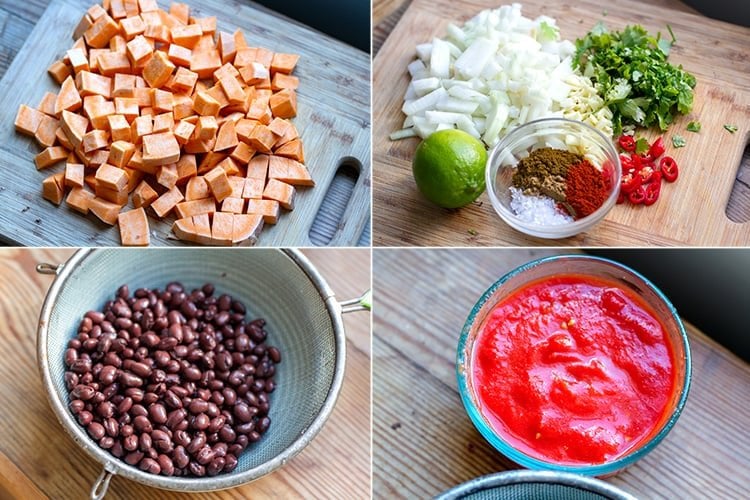 Sweet potato tortilla soup ingredients: sweet potato, aromatics, spices, black beans, tinned tomatoes 