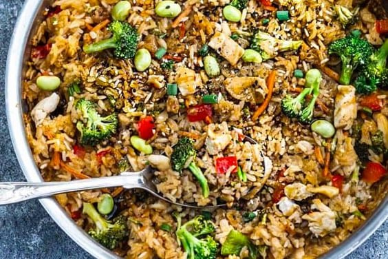Teriyaki rice from a pot with chicken and vegetables