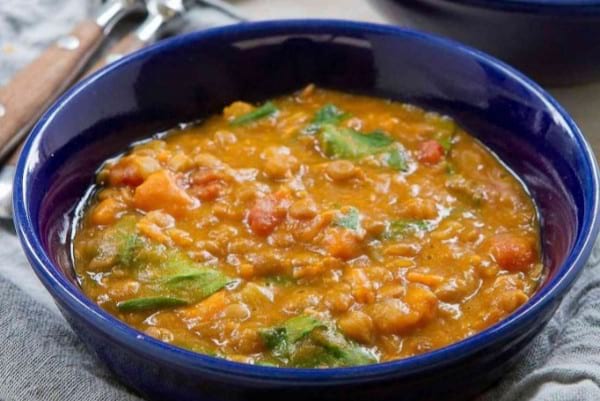 Lentil soup with sweet potato in pressure cooker