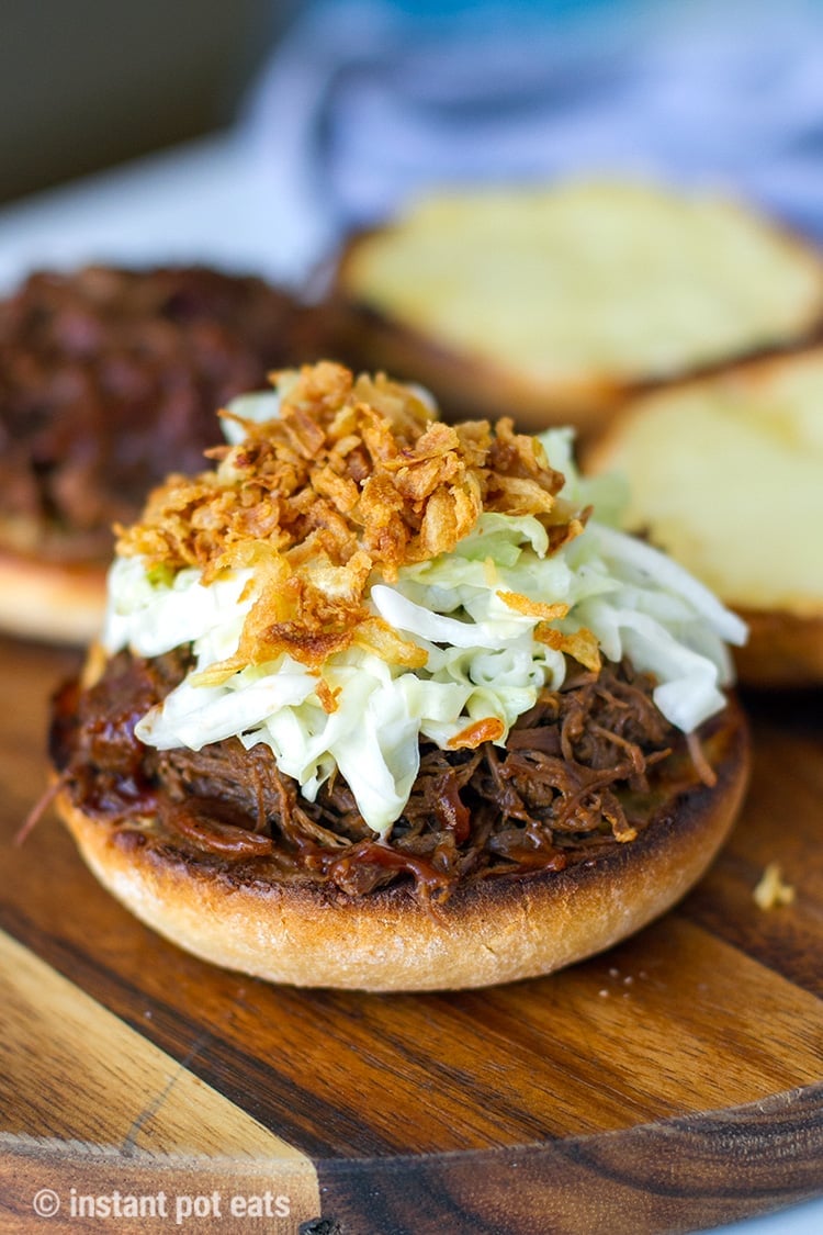 BBQ Shredded Beef Sandwiches With Cheese & Garlic Brioche - using up Instant Pot shredded beef recipe