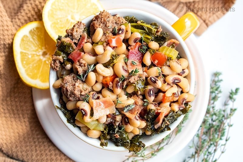 Black Eyed Peas In Instant Pot With With Bacon, Sausage & Collard Greens