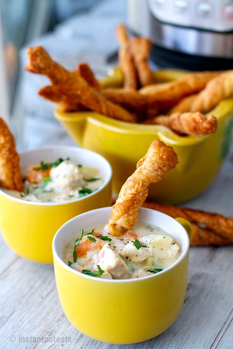 Instant Pot Chicken Pie Two Ways: deconstructed pie version with puff pastry twist sticks on the side