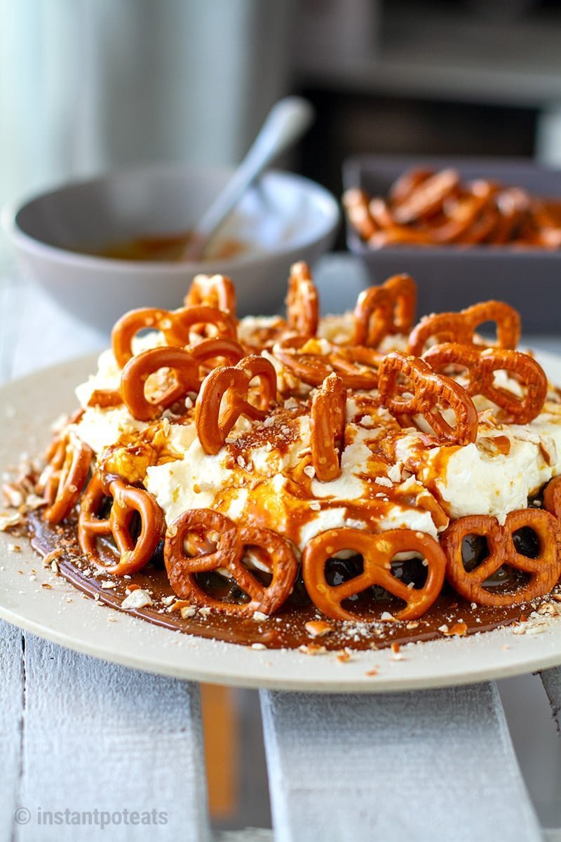 Instant Pot Chocolate Cake With Salted Caramel & Pretzels
