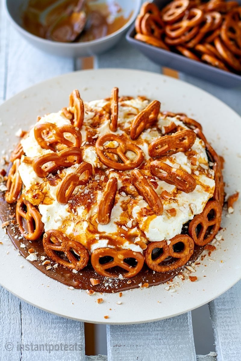 Salted caramel pretzel cake in Instant Pot