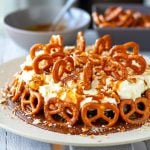 Instant Pot Cake With Chocolate Sponge, Salted Caramel Sauce, Whipped Cream Frosting & Pretzels