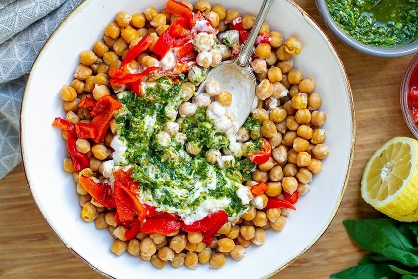 Garbanzo Beans With Salsa Verde, Roasted Peppers & Yoghurt