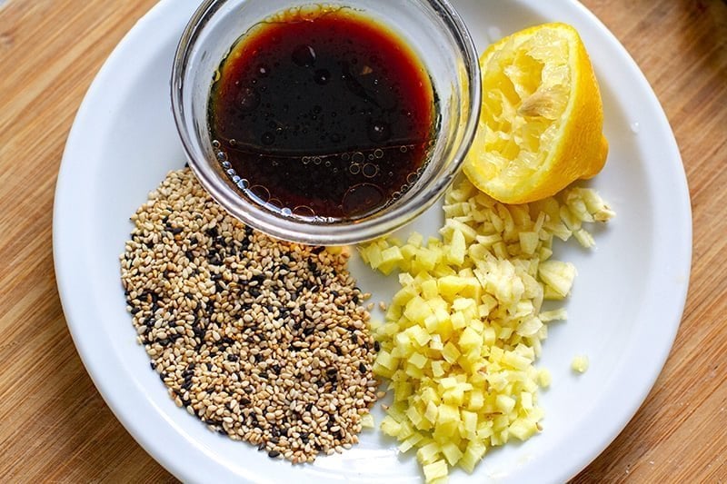 Hibachi chicken sauce ingredients: soy sauce, ginger, sesame seeds and lemon