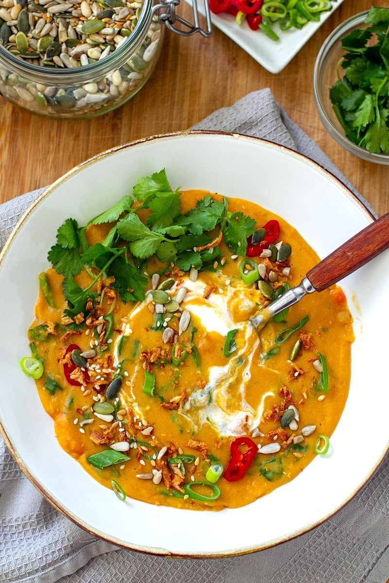 Instant Pot red lentil soup with coconut and spinach