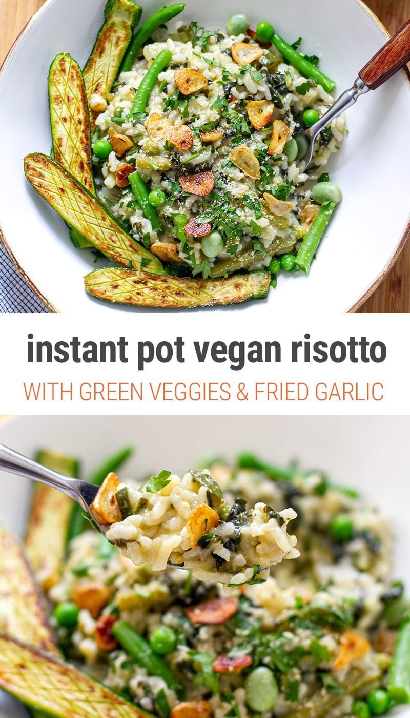Instant Pot vegan risotto with green vegetables, zucchini and fried garlic