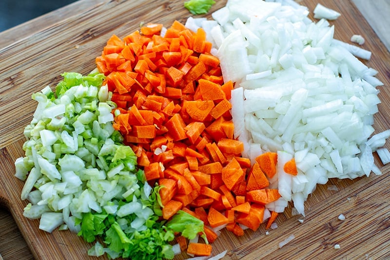 Onions, celery and carrots for Bolognese