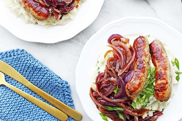 INSTANT POT BANGERS AND MASH WITH ONION GRAVY