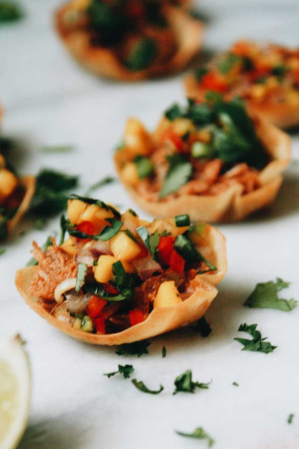 PULLED PORK WONTONS WITH MANGO JALAPENO SALSA