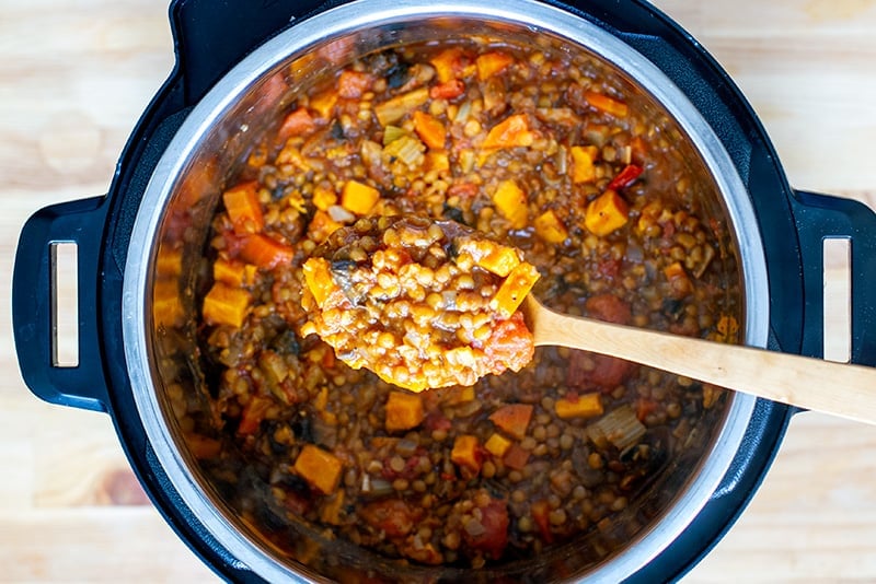 Instant Pot stew with lentils, sweet potatoes and mushrooms