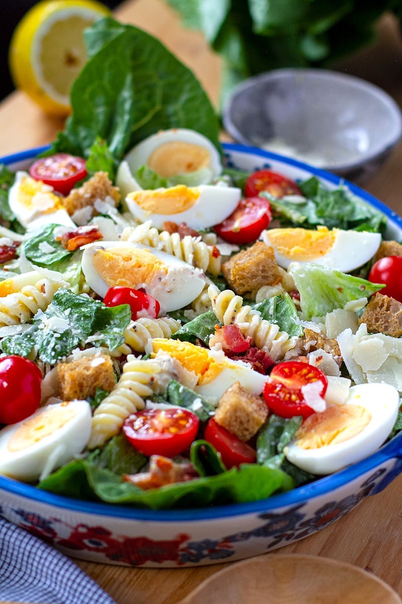 CAESAR PASTA SALAD WITH EGGS & CRISPY BACON