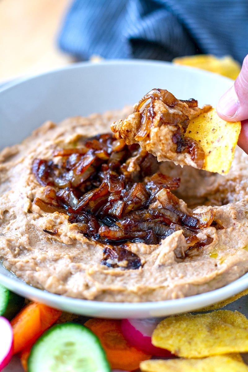 CREAMY PINTO BEAN DIP WITH CARAMELIZED ONIONS