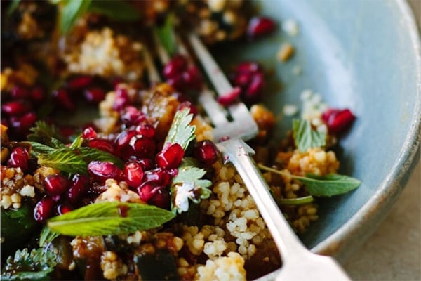 Eggplant with Pomegranate, Millet, and Mint