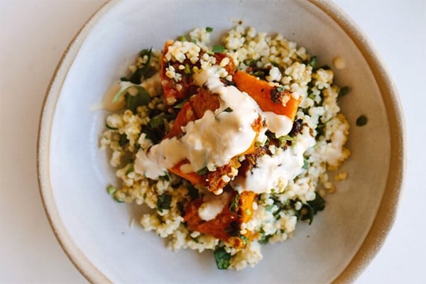 Spice-Roasted Butternut Squash with Herbed Millet and Tahini Dressing