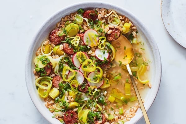 instant Pot Brothy Farro with Sausage and Leeks