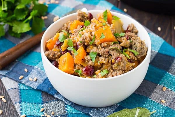 INSTANT POT FARRO STUFFING WITH SAUSAGE AND SWEET POTATOES