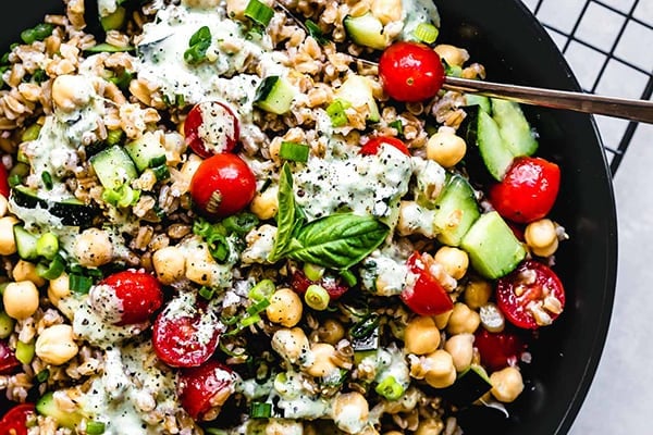 Farro Salad with Basil Lemon Tahini Dressing