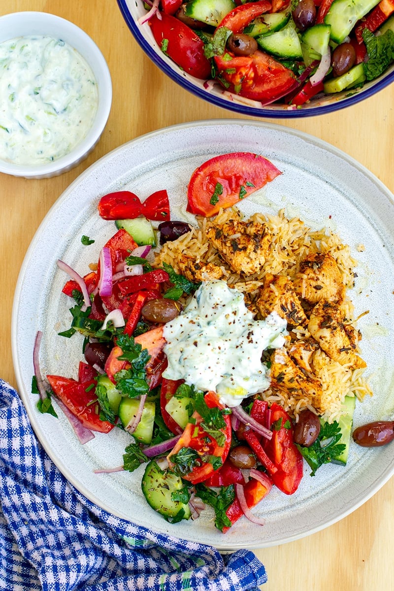 Instant Pot Chicken Souvlaki Rice With Greek Salad & Tzatziki