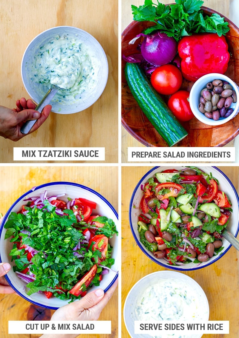 Make Greek salad and tzatziki sauce