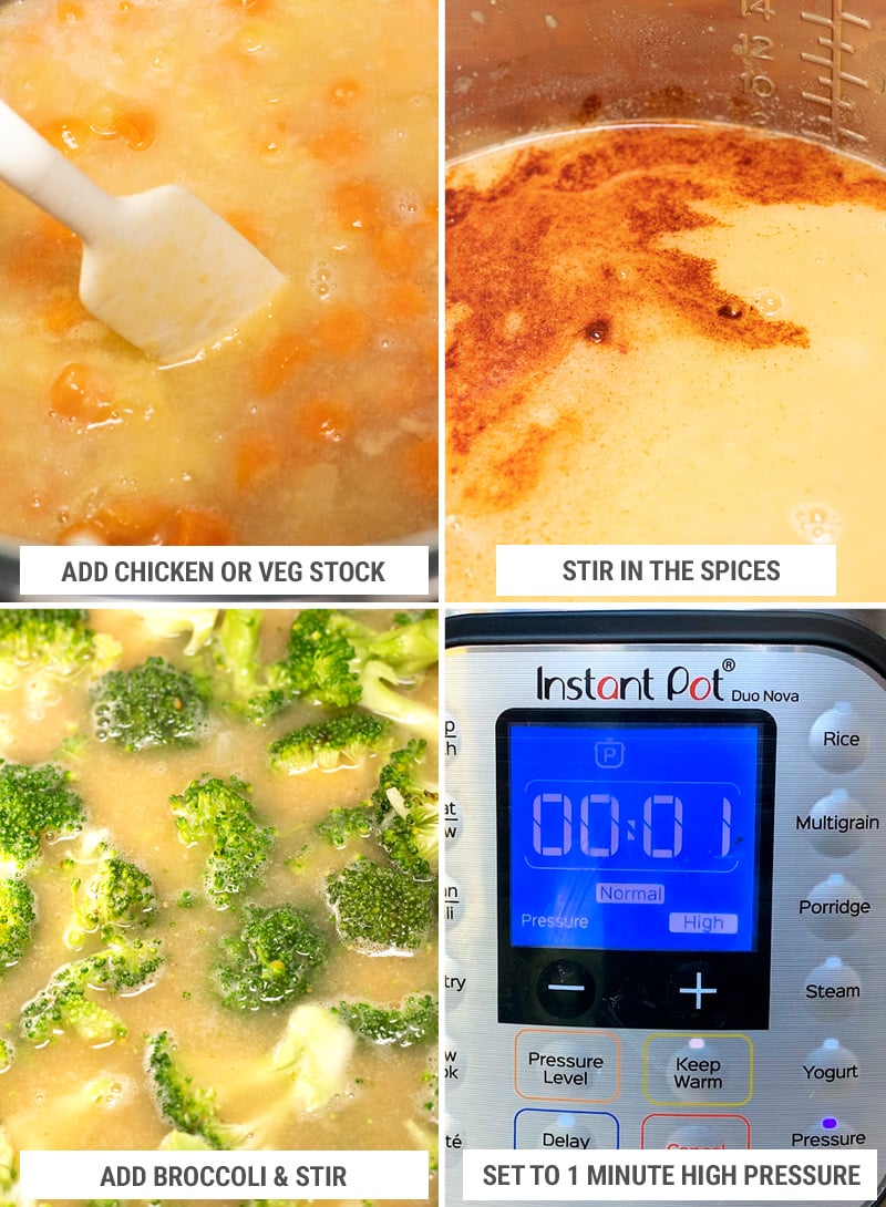 How to make broccoli cheddar soup steps: add chicken stock, spices, broccoli, cook for 1 min at HIGH