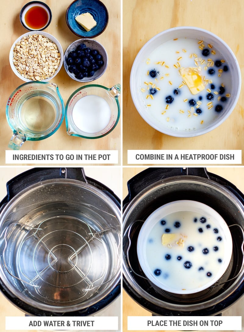 How to make Instant Pot porridge steps 1-4: ingredients, casserole dish, trivet water, pot inside the dish