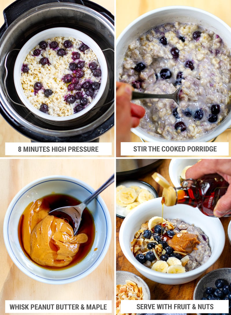 How to make Instant Pot oatmeal steps 5-8: pressure cooker, stir, make maple peanut butter, assemble to serve