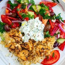 Instant Pot Chicken Souvlaki Rice With Greek Salad &amp; Tzatziki
