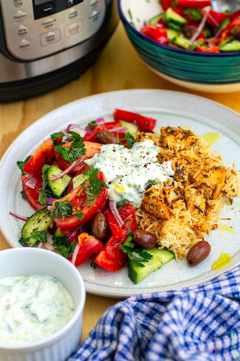 Instant Pot Chicken Souvlaki Rice With Greek Salad Tzatziki