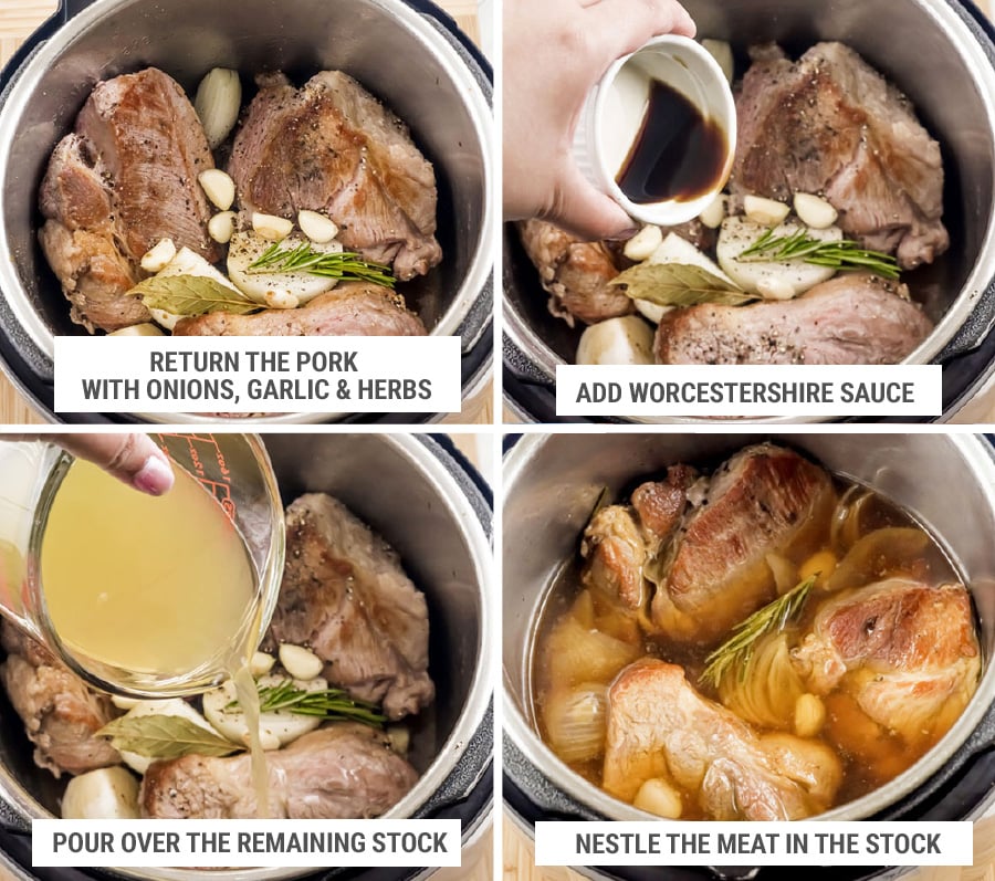 How to cook pork shoulder in Instant Pot -add pork, seasoning and stock step
