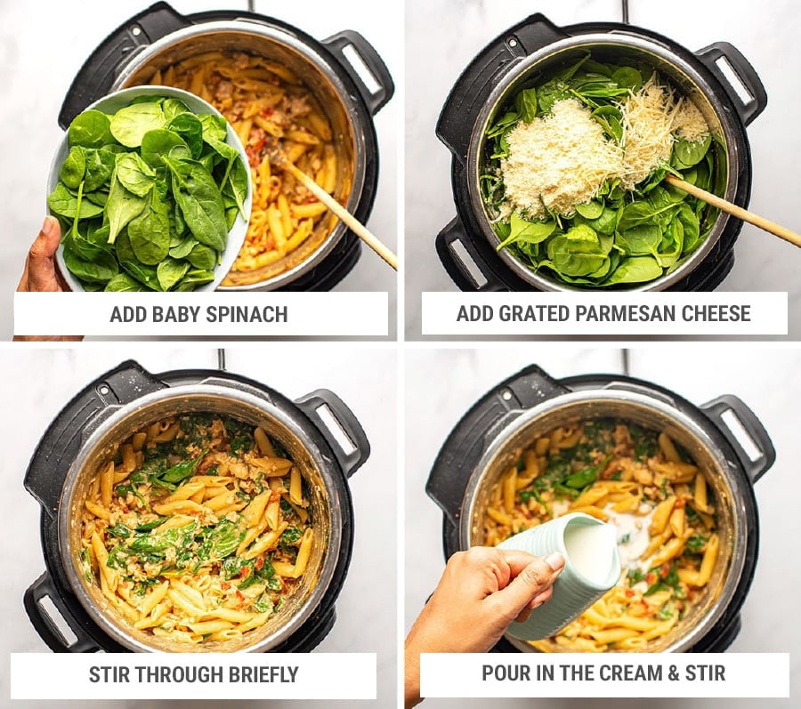 Finishing Tuscan chicken pasta in Instant Pot with spinach, cheese and cream Step 6