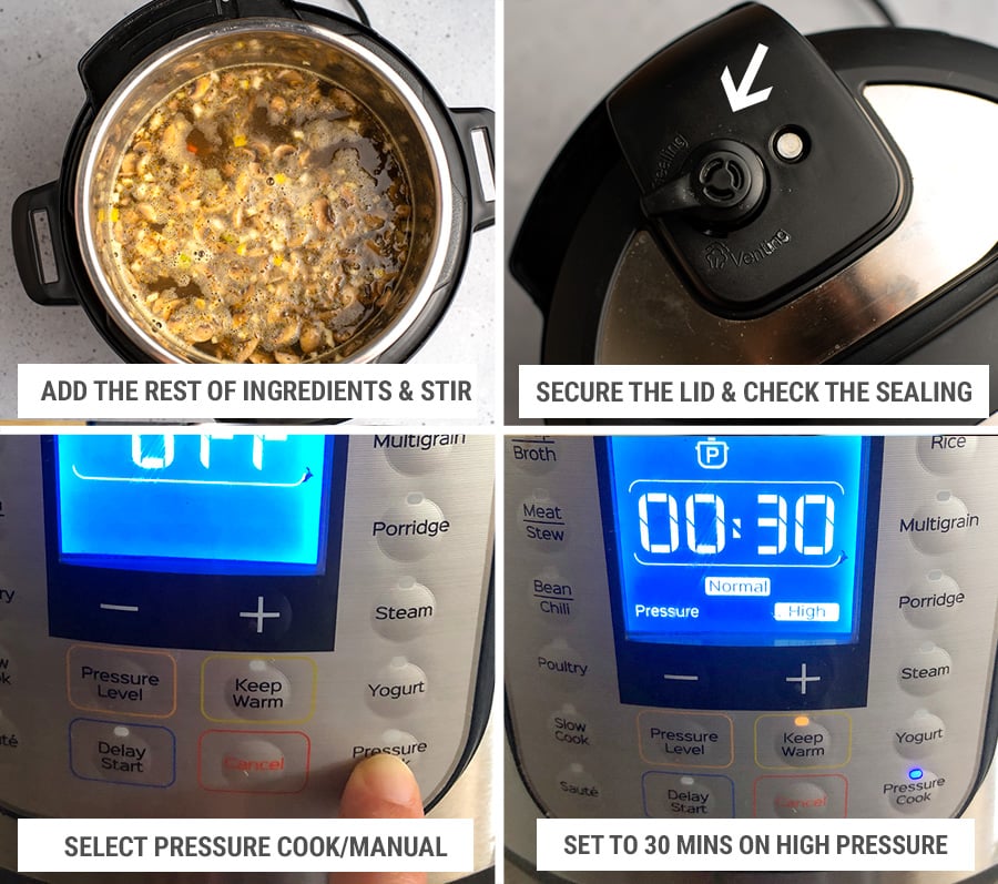 How to cook wild rice soup in Instant Pot step 3 - settings