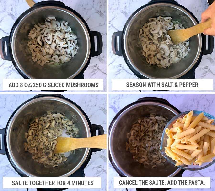 How to make mushroom pasta in Instant Pot: sauteeing mushrooms