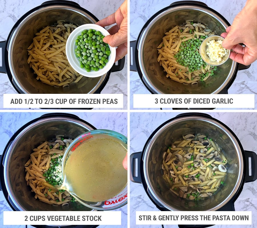 How to make vegetarian Instant Pot pasta: adding peas, stock and garlic