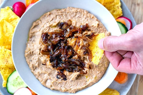 CREAMY PINTO BEAN DIP WITH CARAMELIZED ONIONS
