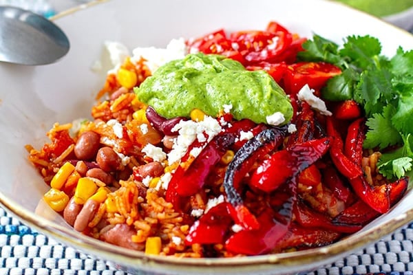 Vegetarian Burrito Bowl With Cilantro Avocado Crema