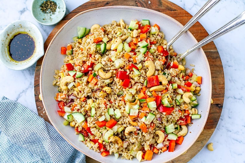 Brown rice, broccoli, feta and halloumi salad