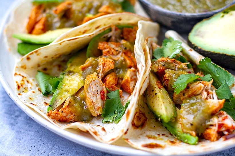 nstant Pot chicken tacos with avocado and salsa verde
