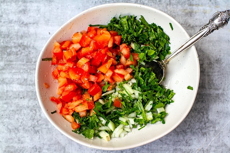 Pork al pastor condiments - cilantro, onions and tomatoes