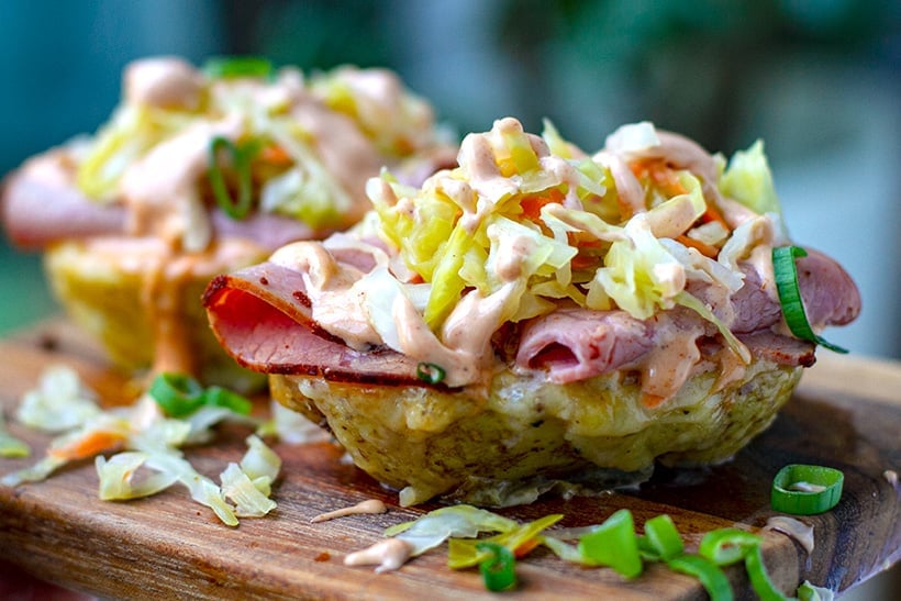 Reuben Inspired Stuffed Baked Potatoes