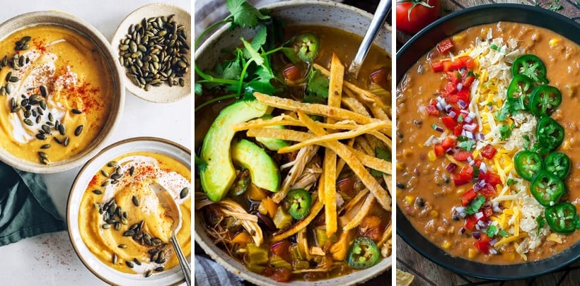 Tasty Instant Pot soups: sweet potato and lenitl, chicken tortilla, vegetarian lentil tortilla soup, 