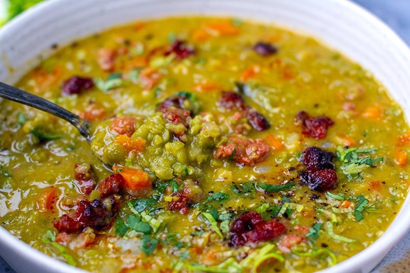 Green split pea and chorizo soup