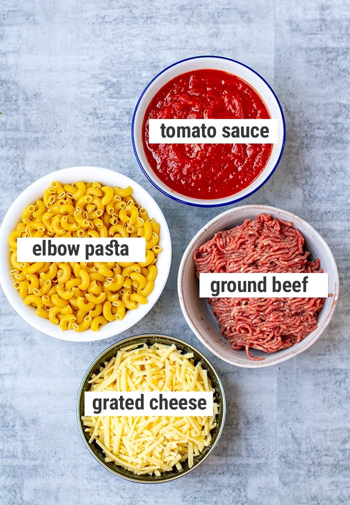 beefaroni ingredinets - ground beef, tomato sauce, elbow pasta and grated cheese