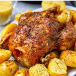 Fall in love with our juicy Instant Pot roast chicken and potatoes slathered with garlic-herb butter. Pressure cooked for speed, then roasted using the Air Fryer lid or the oven to golden crispy perfection. Cooking broth and drippings are loaded with flavor and make the best gravy to pair with the finished chicken and potatoes.