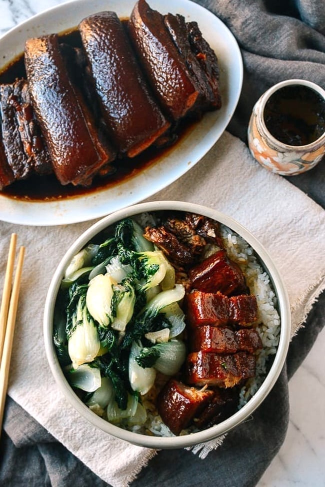 Braised pork belly with bok choy and rice