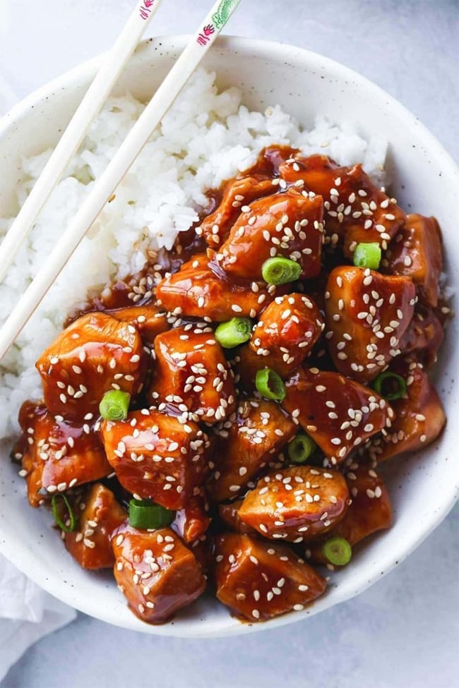 Chinese sesame chicken in Instant Pot - shown with rice